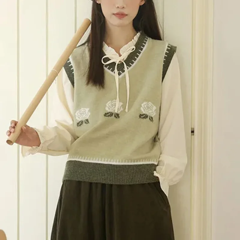 

Mori Girl Jacquard Knitted Vest Vintage V Neck Sleeveless Waistcoat Crop Top Autumn Winter Sweet Contrast Color Sweater