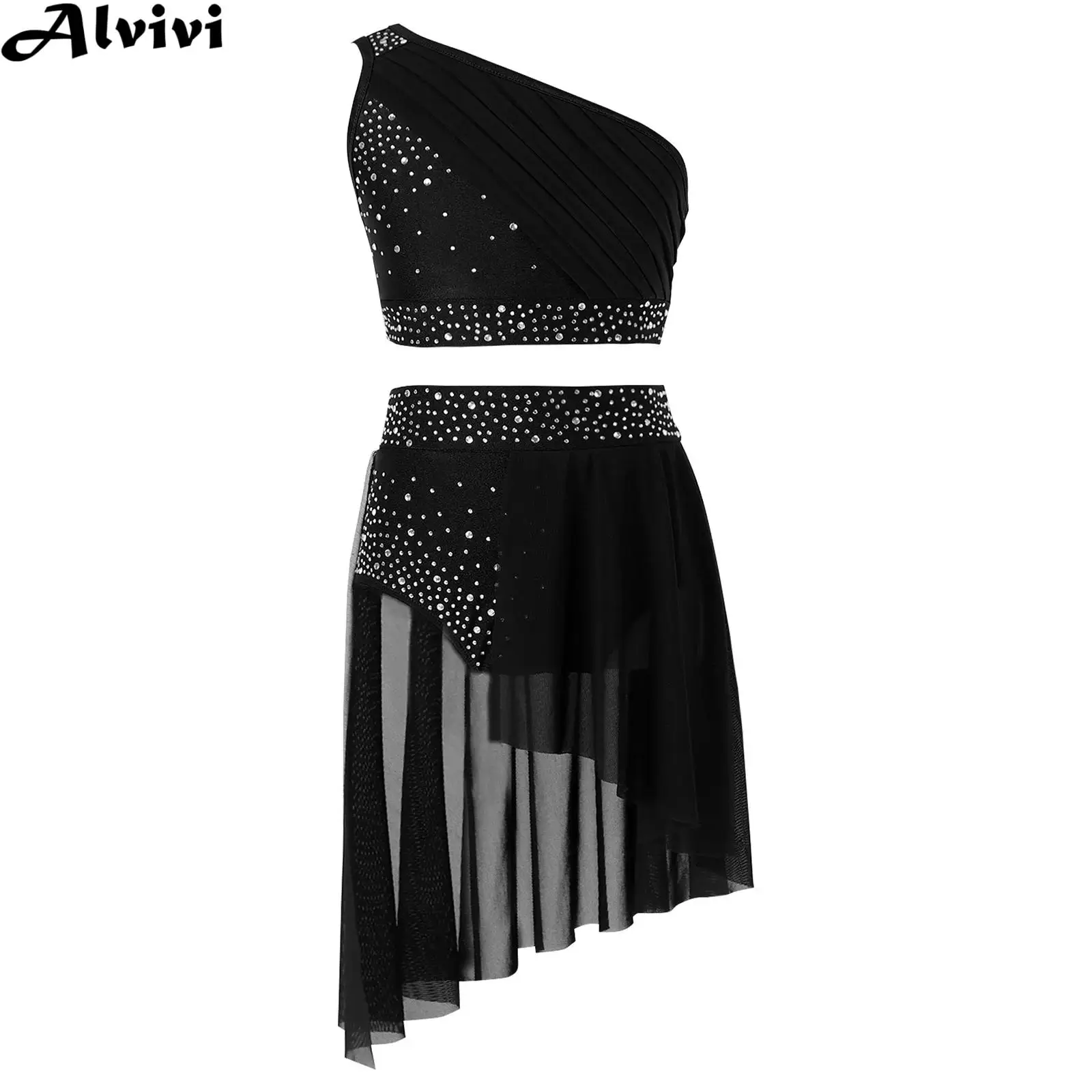 Dziecięcy dziewczęcy nowoczesny liryczny taniec sceniczny kostium jazzowy łyżwiarstwo balet gimnastyka strój krótki top na jedno ramię ze spódnicą