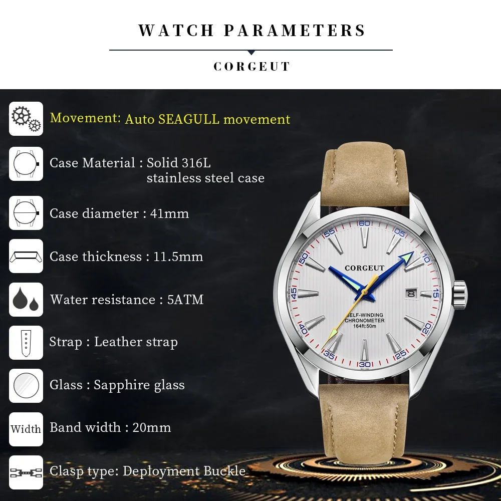 Corgeut Luxury Stainless Steel 41mm Seagull NH35 Miyota 8215 Movement Sapphire Dial 5BAR Waterpoof Automatic Mechanical Watches