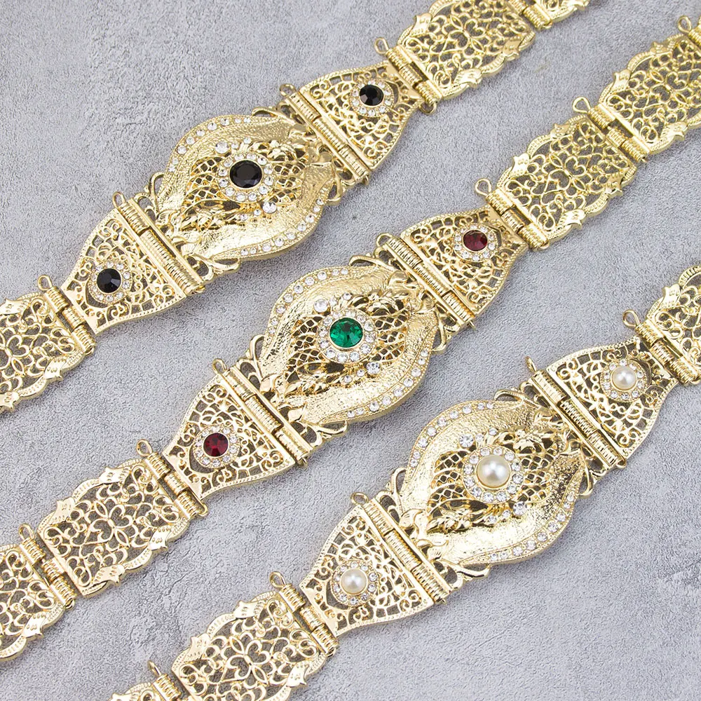 Sunspicems 14 Color Moroccan Caftan Belt Adjustable Gold Plating Crystal Pearl Jewerly Hollow Metal Waist Chain Arabic Bridal