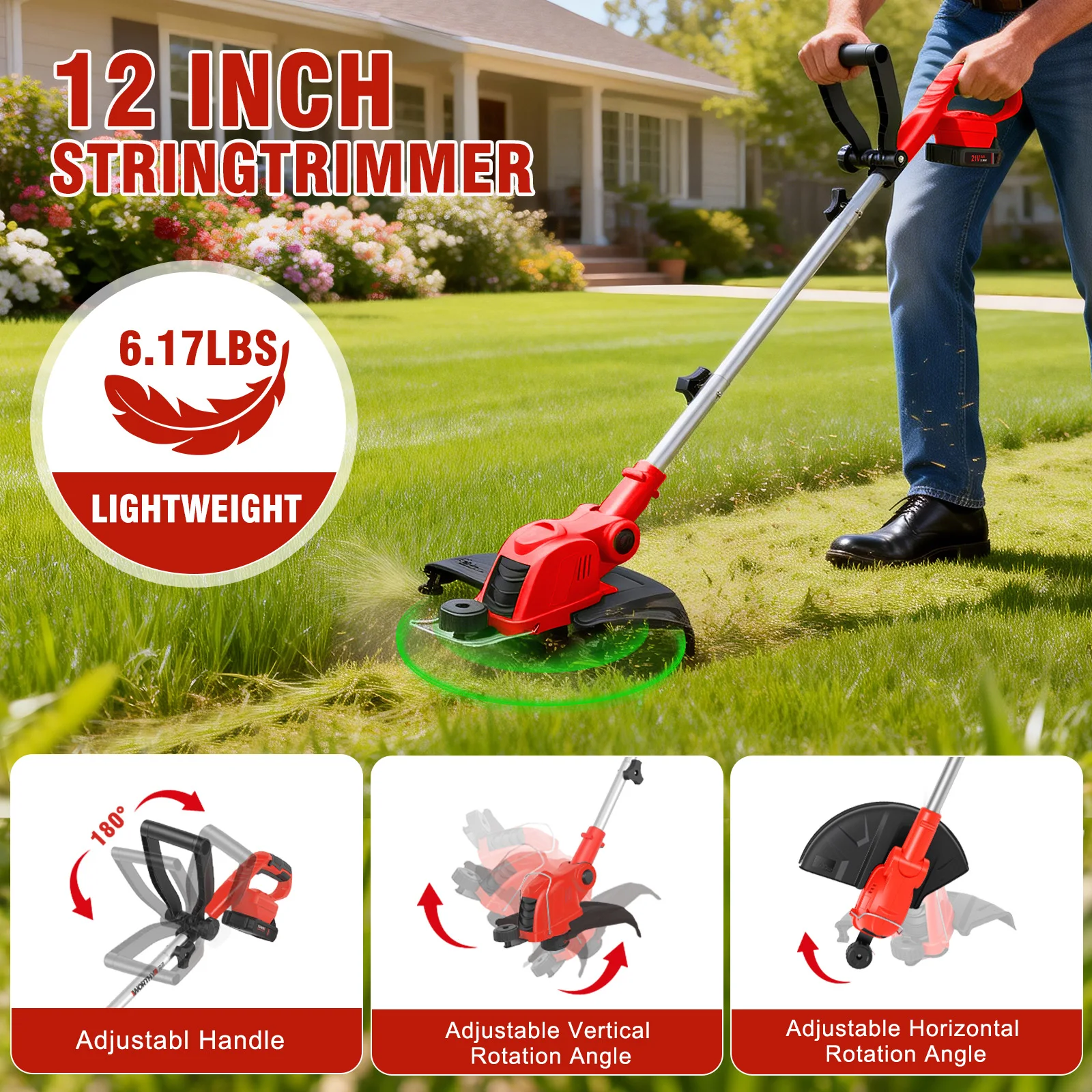 12-Inch Cordless String Trimmer 90° Rotatable Lawn Mower 9650RPM10 Spools 2x2.5Ah Batteries & Charger for Lawn Garden Tools