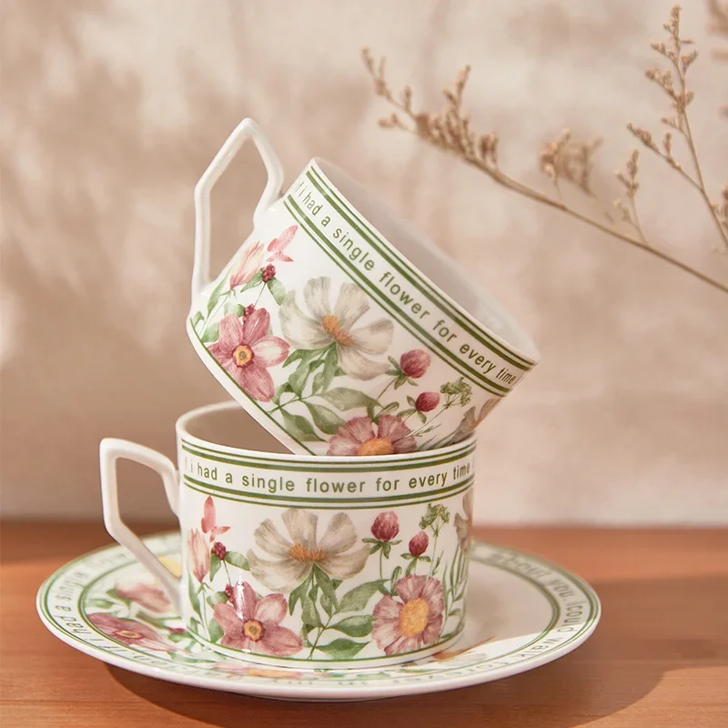 220ML Ceramic Coffee Cup and Saucer Gift Set, Floral Espresso Cup Teacup Coffee Mug with Plate