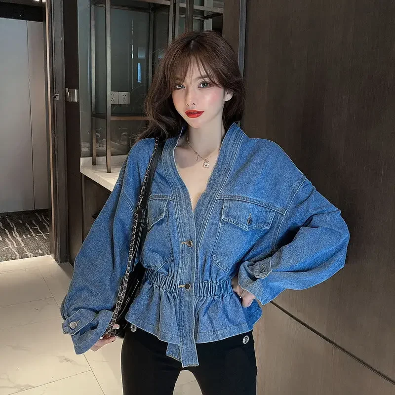 

Spring Autumn New Korean Style Denim Jacket Lady Temperament V-neck Loose Versatile Outwear Fashion Women's Leisure Denim Coat