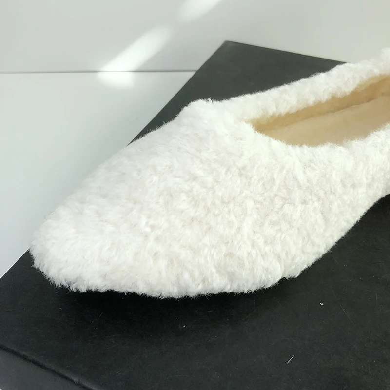 Furry Shoes for Women Winter Warm Flat Heel Shoes White Black Loafers Pure Color Simple Concise Style All Match High Quality 44