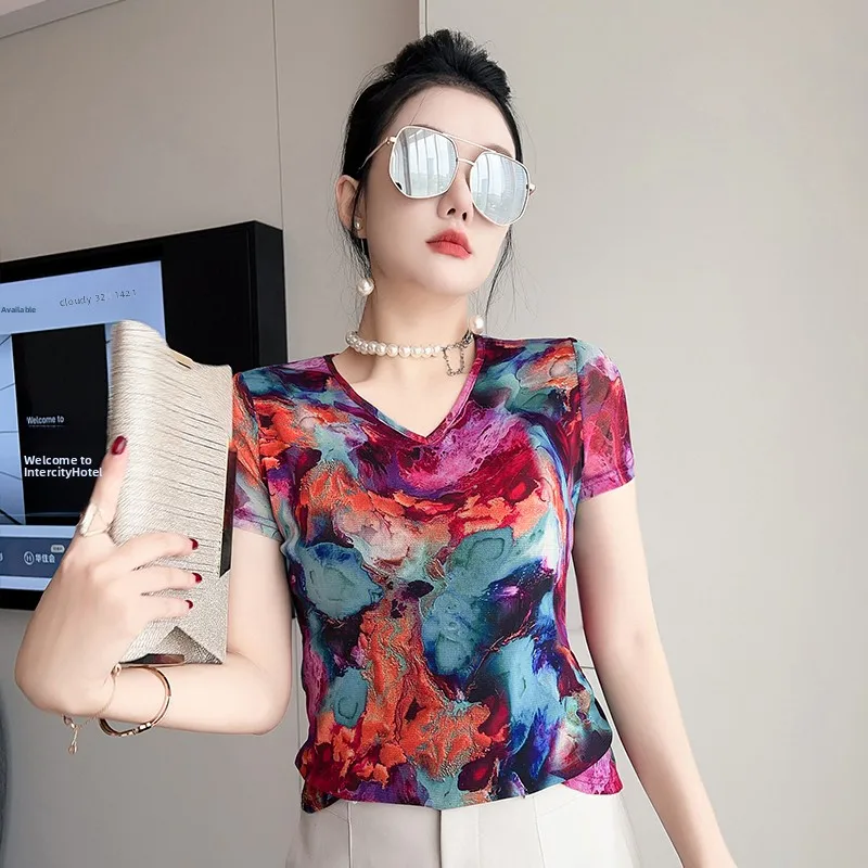 Summer Women's Fashion Slim Fit Short Sleeve V-Neck Printed T-Shirt Trendy Daily Wear Standard Size Non-Fleece Mesh Geometric...