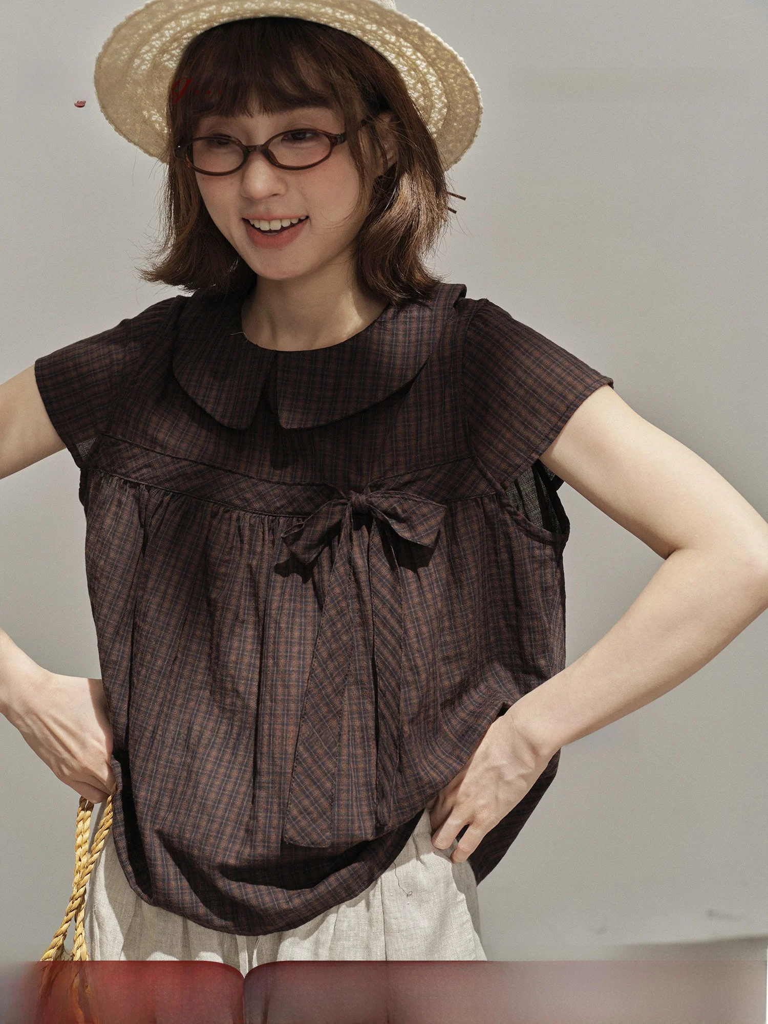 

Японская художественная рубашка-топ Tiongtiong в клетку с узлами, женская летняя свободная облегающая блузка из смесового хлопка и льна