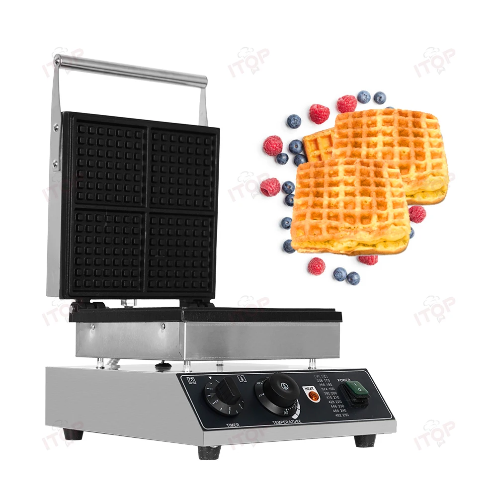 ITOP 4 pcs Commercial Waffle Machine Non-Stick Double-Sided Constant Heating 1750W Each Waffle Size about 11*11 cm