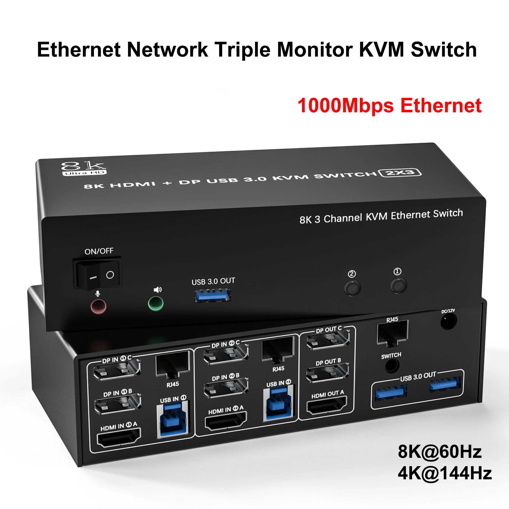 

8K 60Hz KVM Switch 3 Monitors 2 Computers Share 1000Mbps Ethernet, Displayport + HDMI USB3.0KVM Switch Triple Monitor with Audio