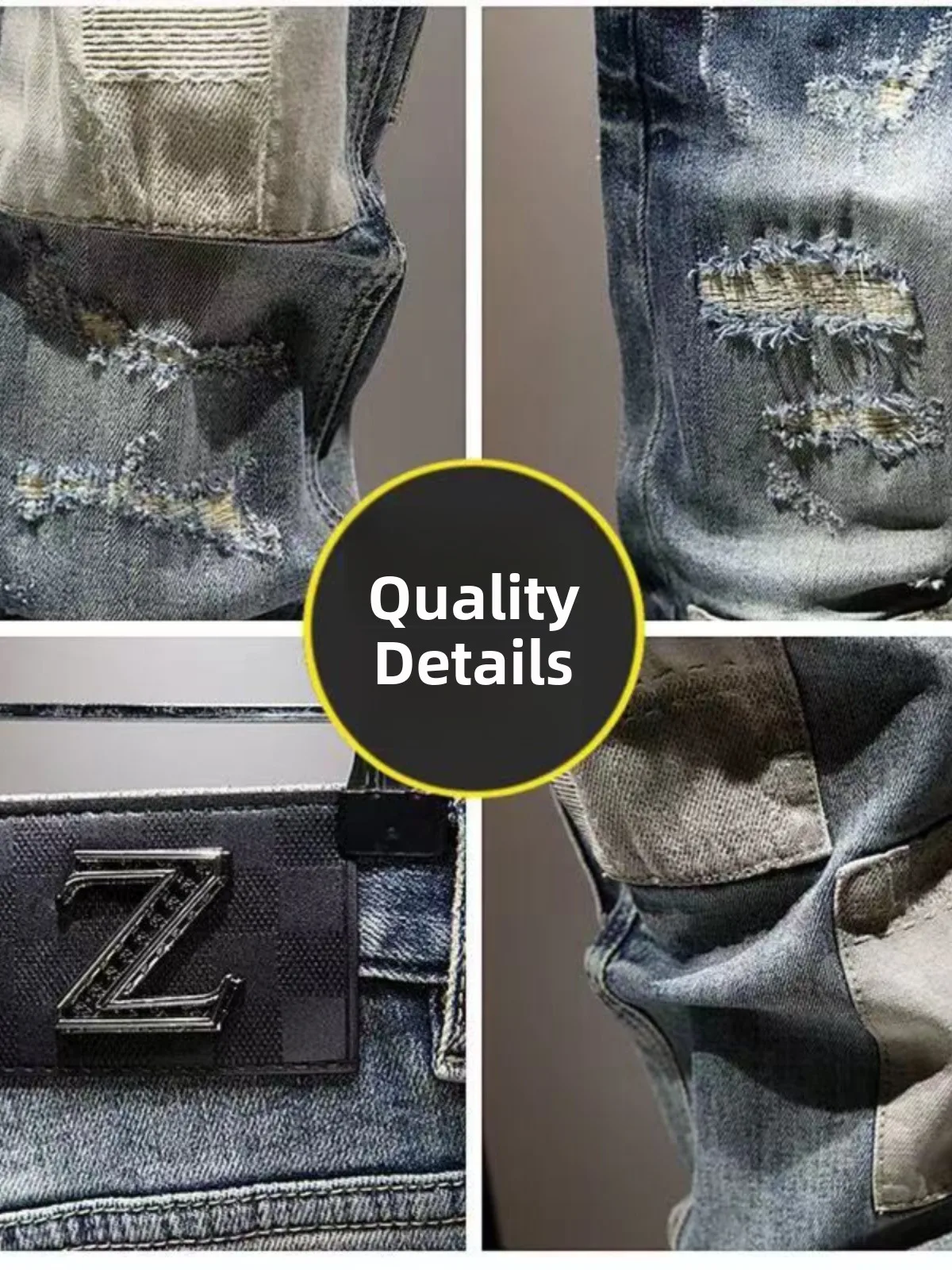 アメリカンレトロパッチワークホールデニムジーンズメンズトレンディブランドHaomeスリムフィット小足弾性ロングパンツ韓国版