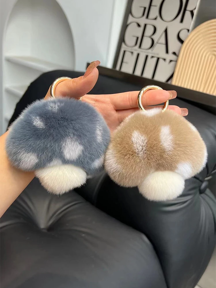 Cute Mushroom Real Rex Rabbit Fur Key Chains Girls Schoolbag Toy Pendant Plush Ball Women Bag Charm Ornaments Car Keyring Gift