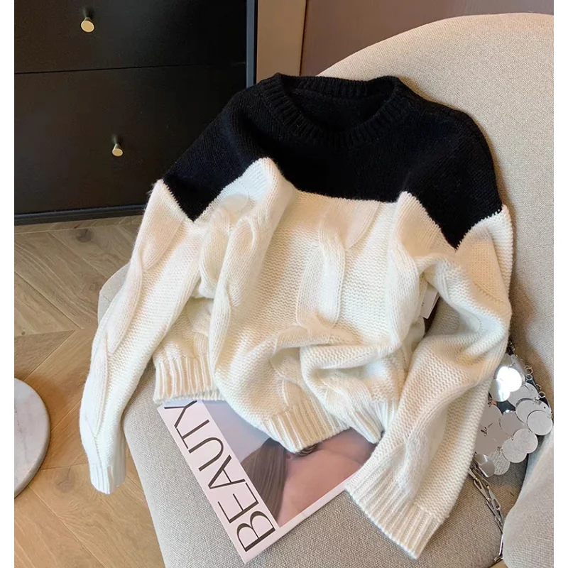 

2024 Women Black Clothing Knitting Sweater Long Sleeve Round Neck Contrasting Colors Casual Fashion Female Cashmere Winter Tops