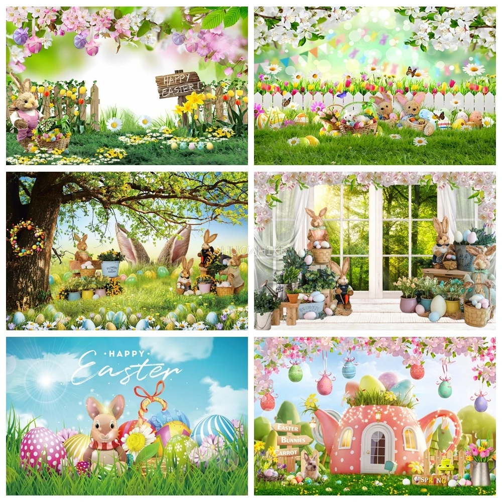 

Spring Garden Easter Photography Backdrop Rabbit Flower Green Grass Easter Eggs Bunny Baby Portrait Photo Backgrounds Props