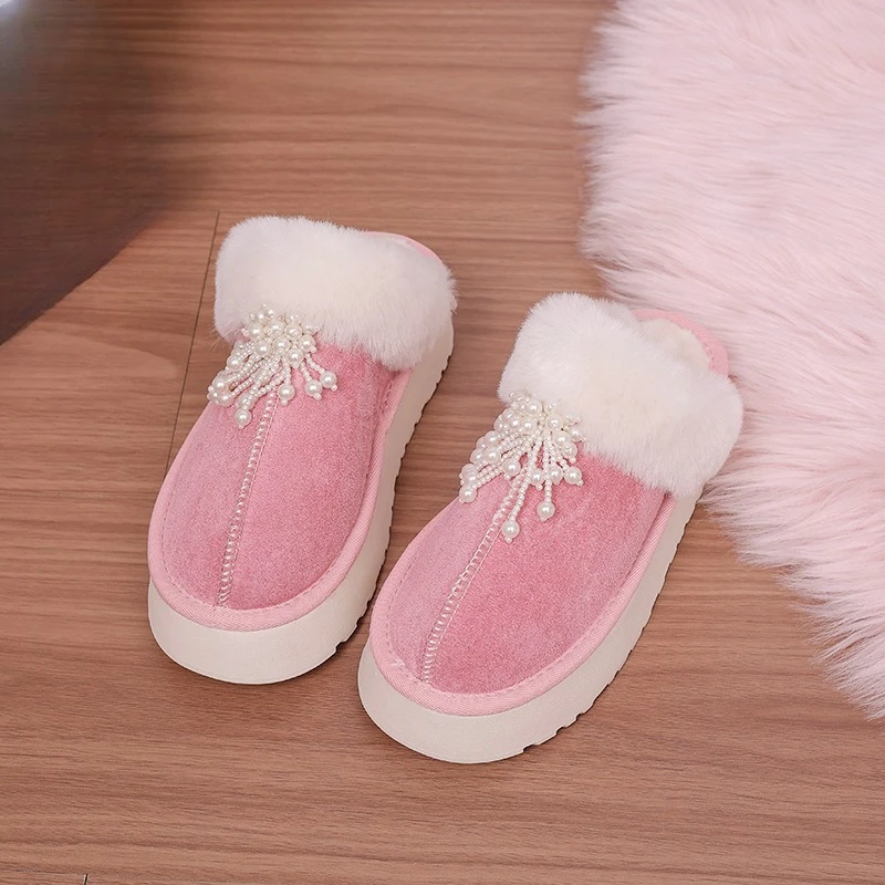 

Тапочки Baotou, новые зимние замшевые плюшевые туфли на платформе с круглым носком и жемчугом, противоскользящая износостойкая хлопковая обувь на плоской подошве