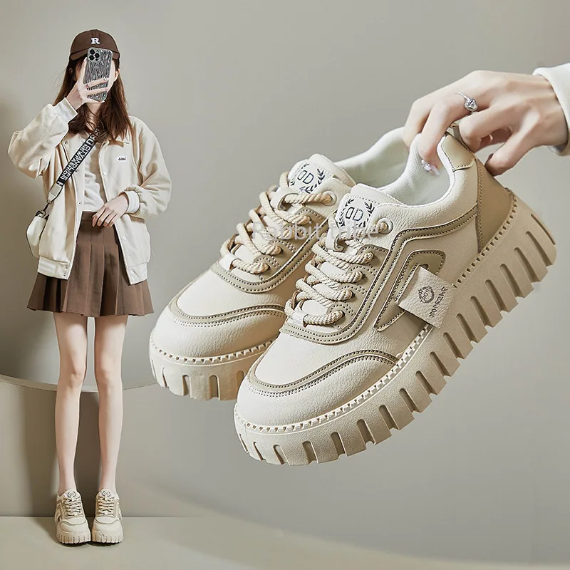 2024 Spring Little White Shoes New Korean Version Ins Female Students Thick-soled Heightening Sports Board Shoes Casual Shoes