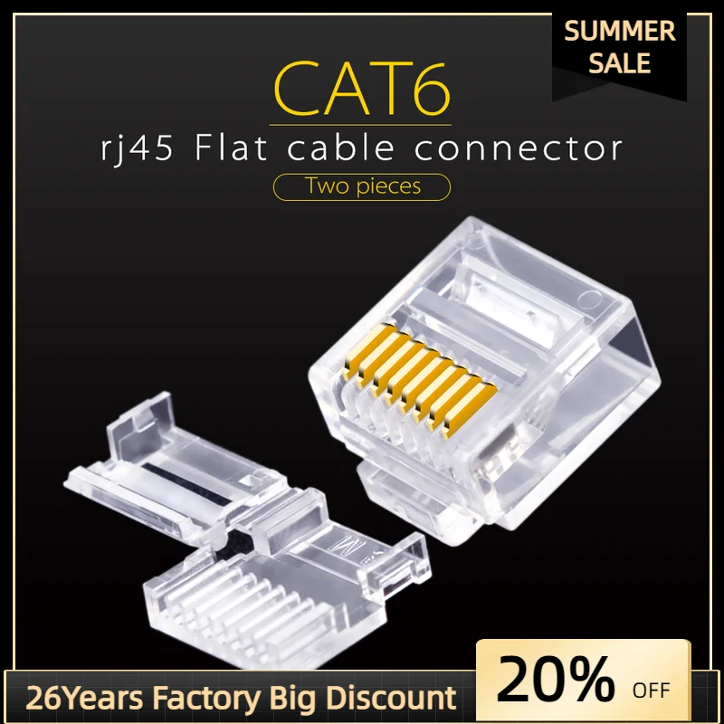 Cat6 Flat Plug Short Body with wire guide Flat Cable UTP network connector Ethernet computer plug 30U Gold Plating 20 / 50 pcs