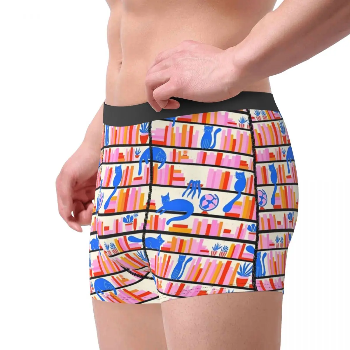 Sous-vêtements de bibliothèque pour chats, culottes bleues pour hommes, caleçons élastiques, shorts chauds, grande taille