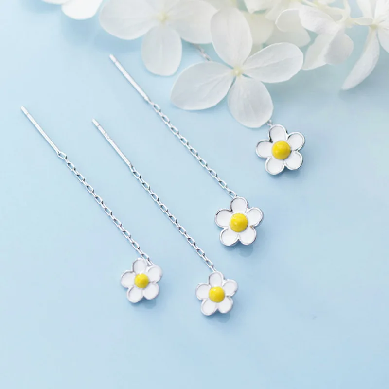 Silver Color Trend Daisy Flower Long Wire Tassel Thread Hanging Earrings For Women Crystal Zircon Piercing Earring Girl Jewelry