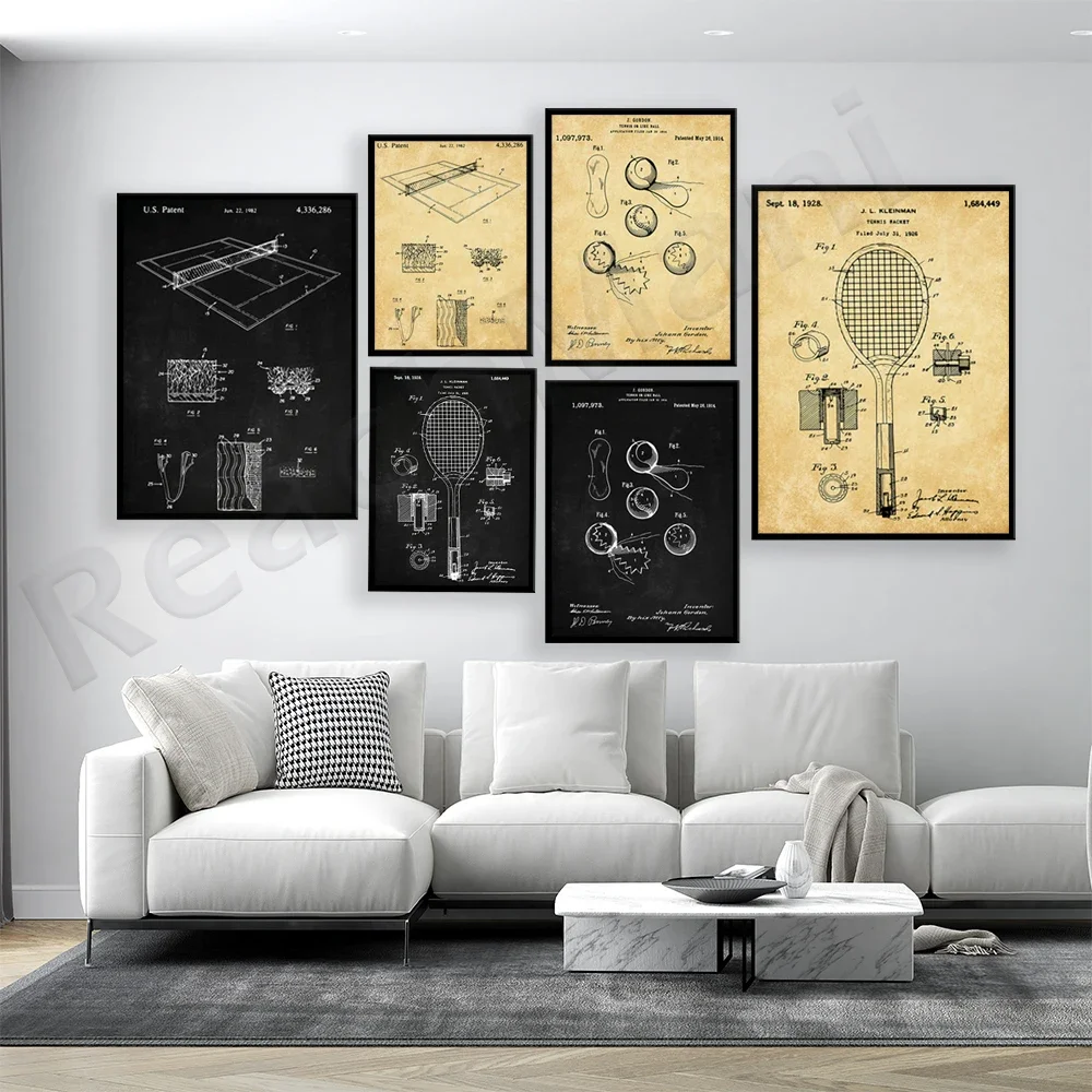 Tennis rackets, tennis patents, tennis court patent posters, and canvas printed gifts for tennis enthusiasts.