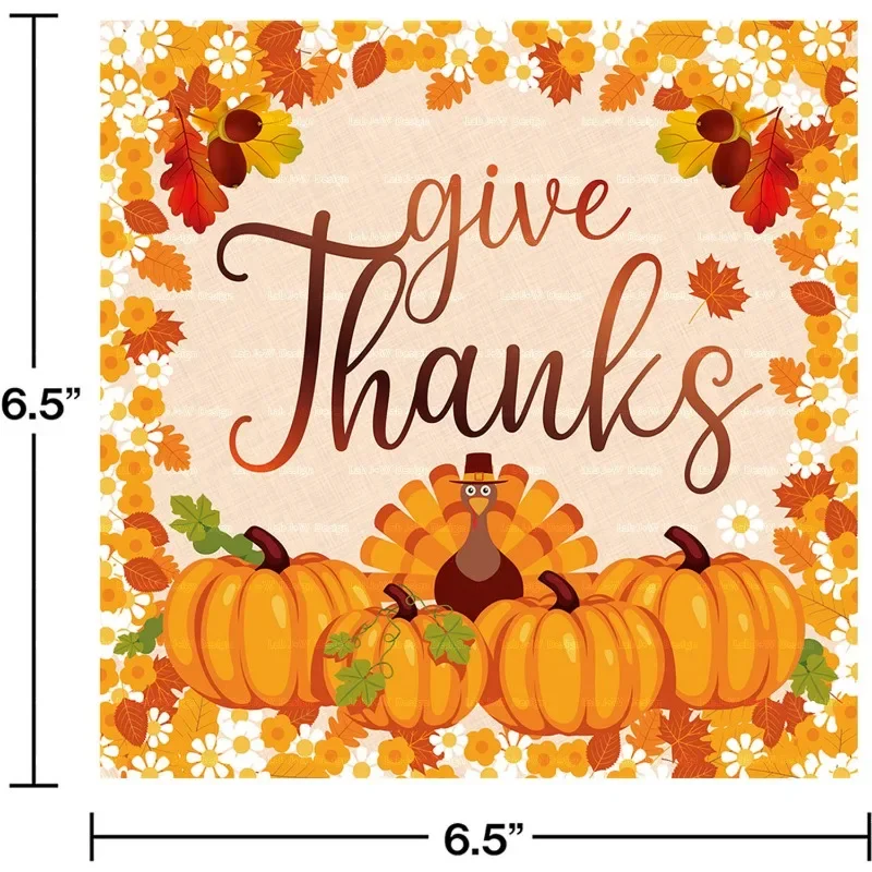 20pcs 33cm 2-Ply Thanksgiving Elements Pumpkin Autumn Tissue Paper Napkins Yellow Background Turkey Full Page Print Napkins