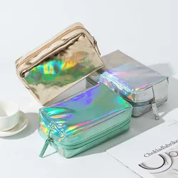 Iridescent Fashionable Holographic Laser PU Cosmetic Bag Large Capacity Hand Holding Washing Toiletry Storage