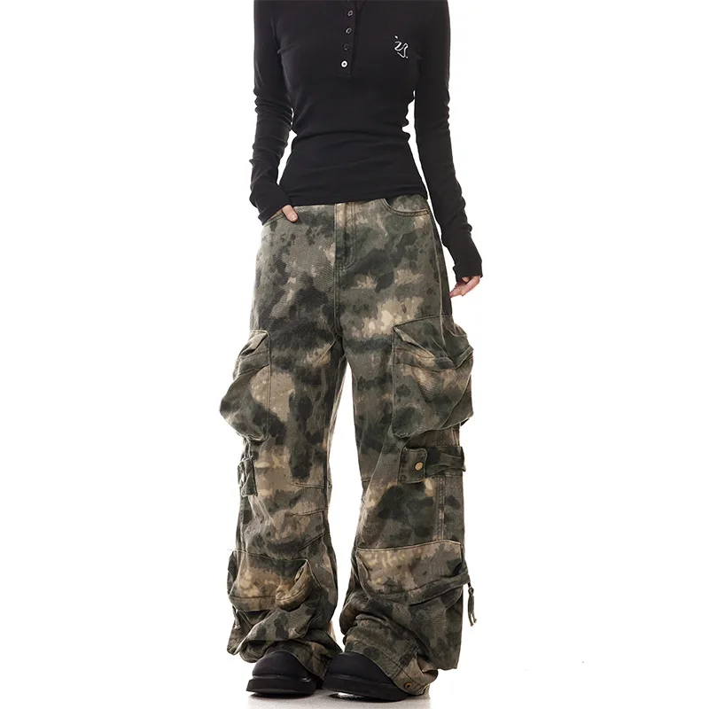 

Тяжелые камуфляжные рабочие брюки в американском стиле ретро, свободные прямые брюки с широкими штанинами и широкими штанинами в пол