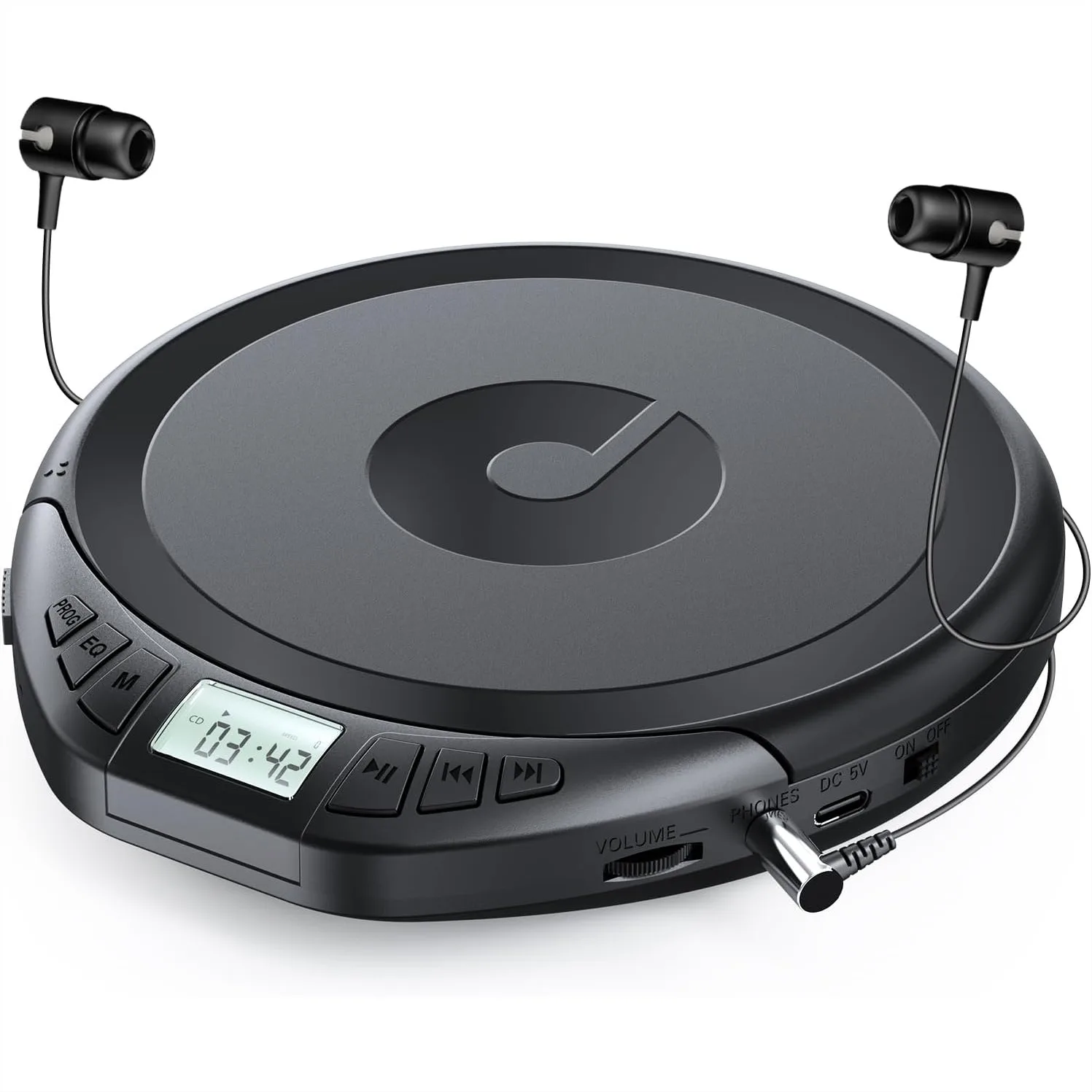 CD Player Portable with Anti-Skip Shockproof, LCD Display, Earphones for Car - Black