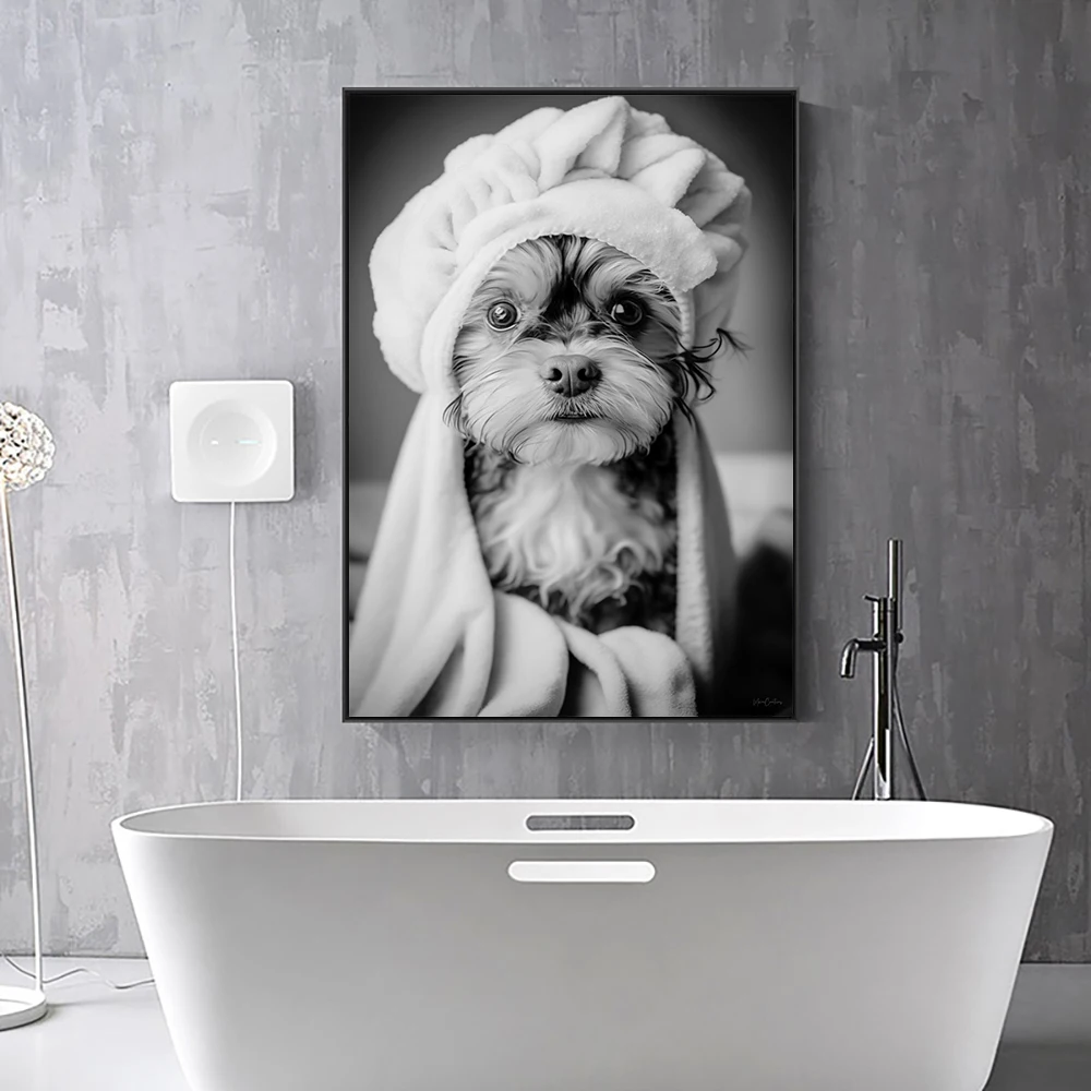 Vintage Black White Baby Dog In A Bathtub Bathroom Funny Animal Toilet Art Poster Print Canvas Painting Room Home Decor