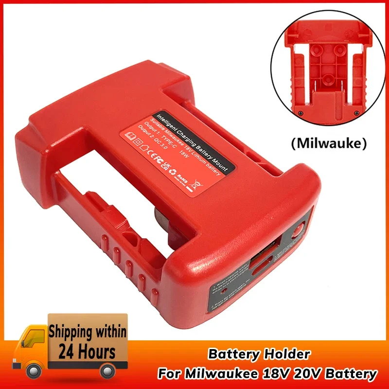 Carregador Rápido USB para Milwaukee 18V Li-ion, Suporte de Bateria Portátil, Adaptador com USB e Saída Tipo C, Carregamento Rápido