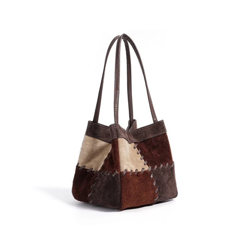 

Autumn/Winter New Korean Style Women Suede Cowhide Handbag Hit Color Single Shoulder Bags Retro Versatile Crossbody Underarm Bag