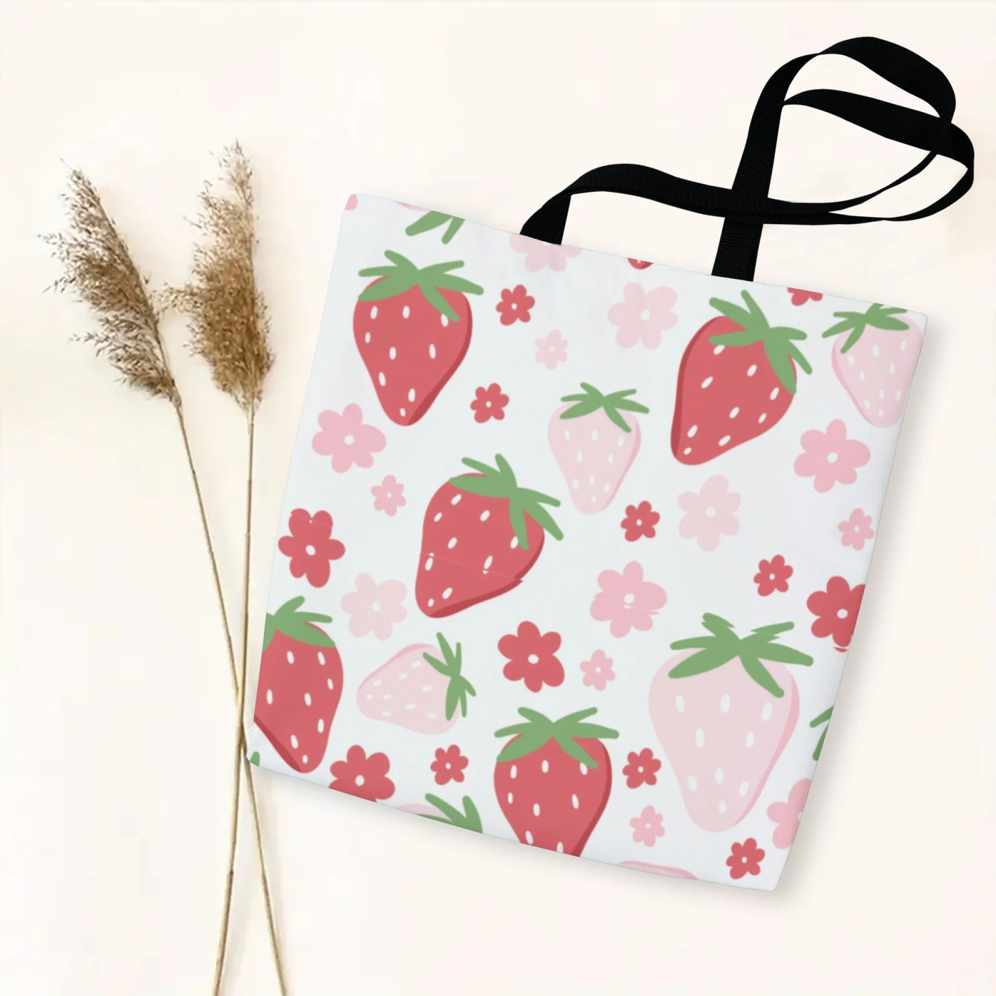 الفراولة الأزهار و Kawaii قماش المرأة حمل حقيبة الفاكهة زهرة موضوع حقيبة تسوق قابلة لإعادة الاستخدام مثالية للأغذية لطيف نمط المشجعين #4