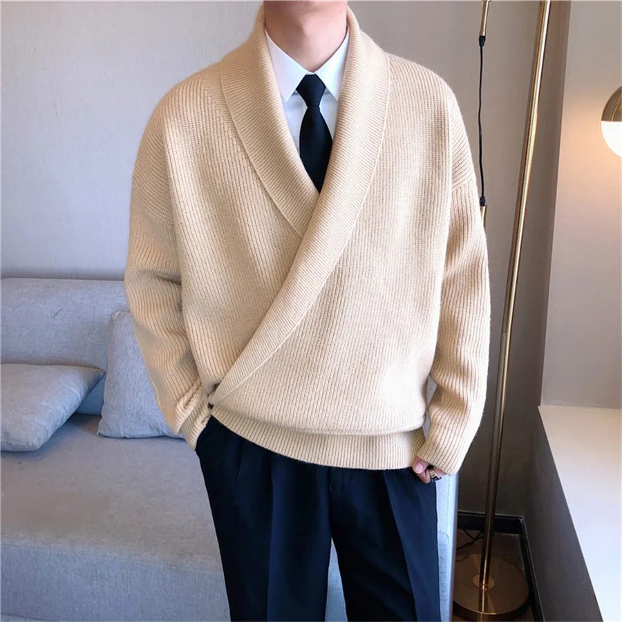 Nuevo 2026 Jersey para hombre, suéter informal holgado con cuello en V grande para hombre, prendas de punto para primavera y otoño, abrigo de punto liso con cuello vuelto perezoso