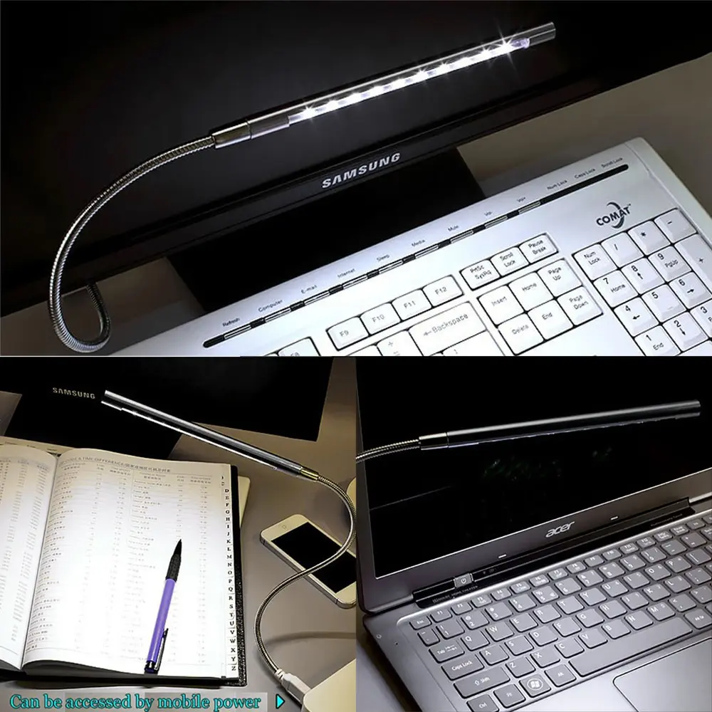 USB LED Night Light Mini Book Lights USB Powered 10 LED Flexible Book Reading Lights For Laptop PC Computer Notebook