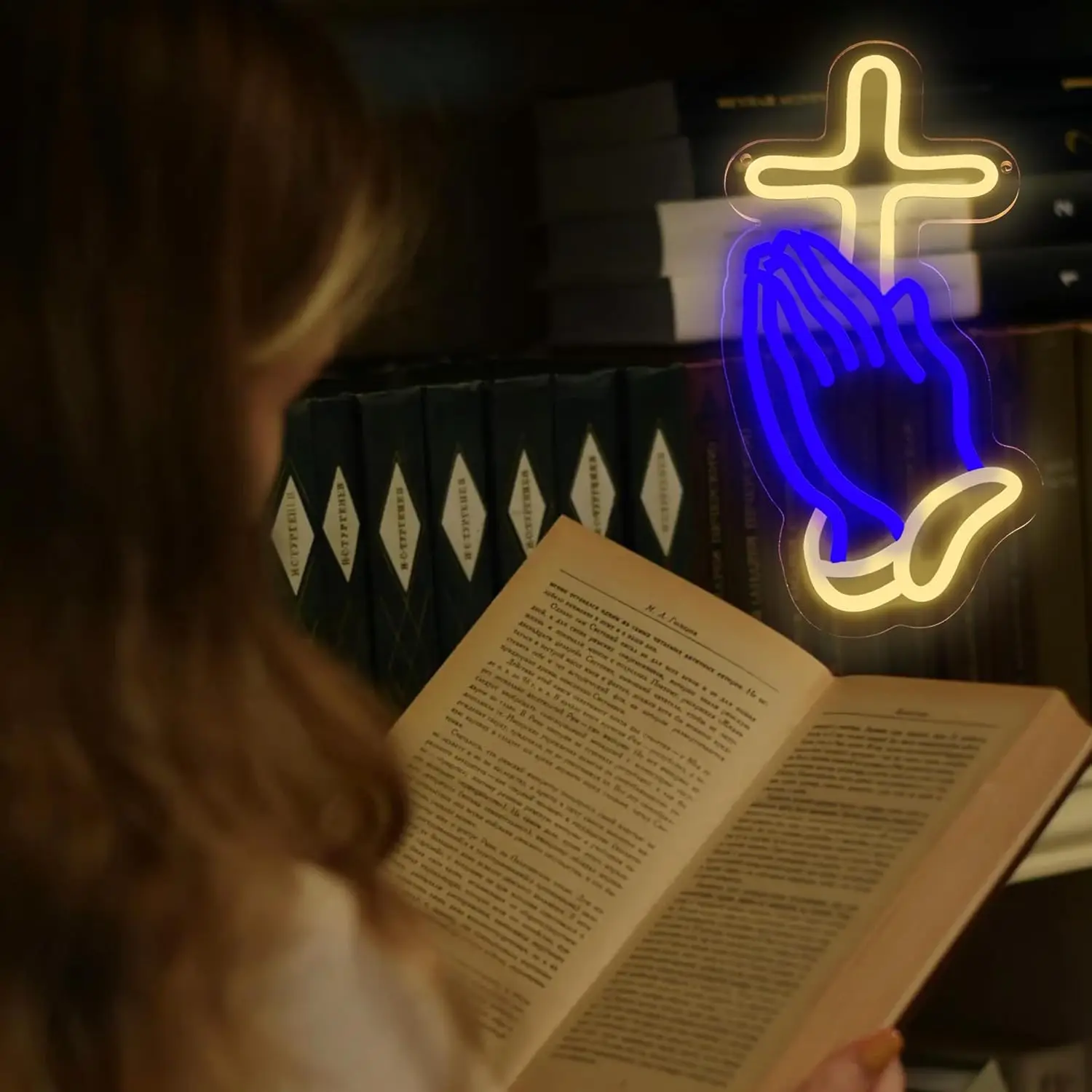 Praying Hands with Cross Neon Sign USB Dimmable LED Christian Wall Light for Church Prayer Room Religious Faith Home Decor Gift
