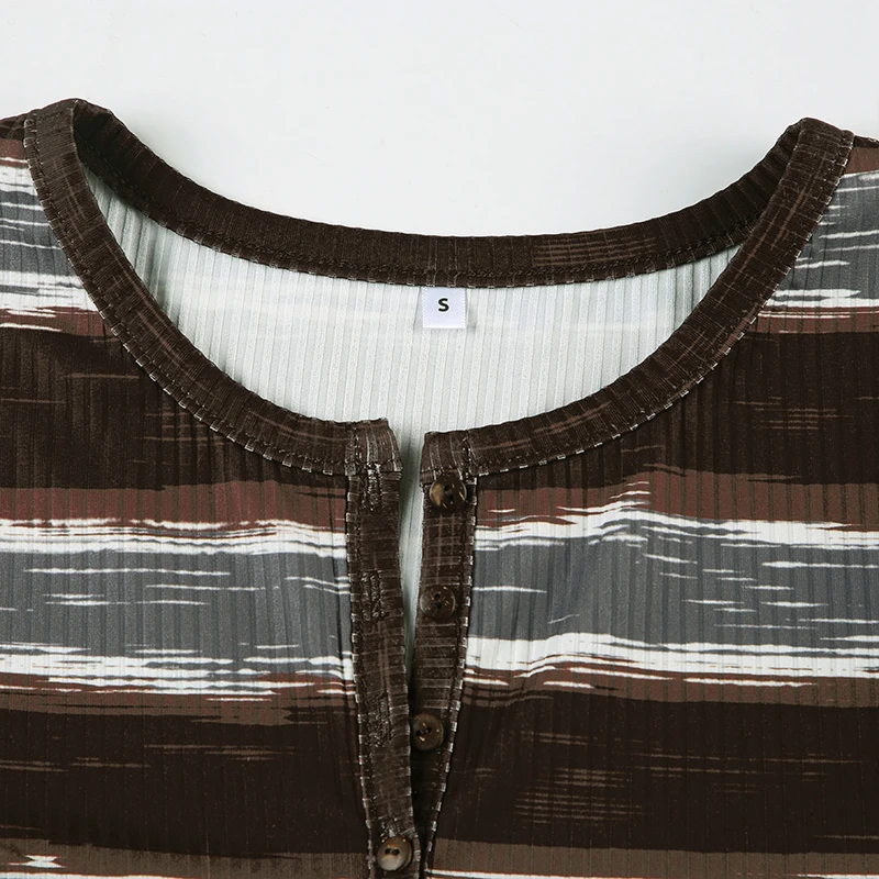 CIBBAR Harajuku Striped Print Crop Top y2k Vintage Full Sleeve Button Up O-neck Long Sleeve T-shirt Women Basic Casual T Shirts
