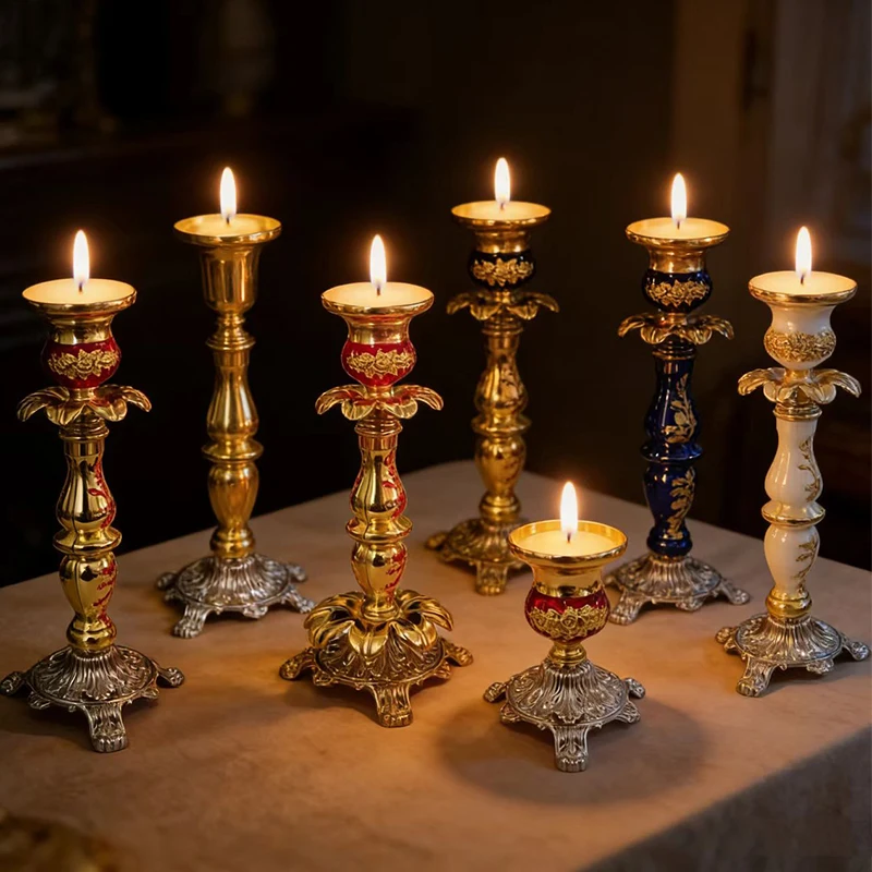 

Vintage Gold Plated Orthodox Enamel Candlestick with Floral Carvings for Church Liturgy Home Altar Prayer Devotion Christian Gif