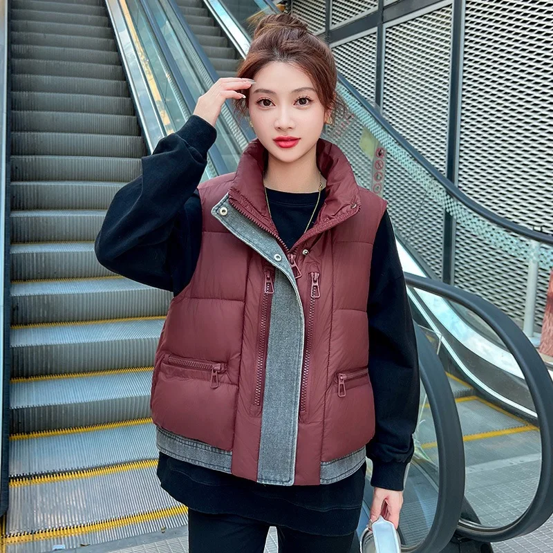 

New Loose Cotton Vest Denim Patchwork Stand Collar Autumn Winter Cotton Vest Down-Filled Cotton Waistcoat Women's Outerwear