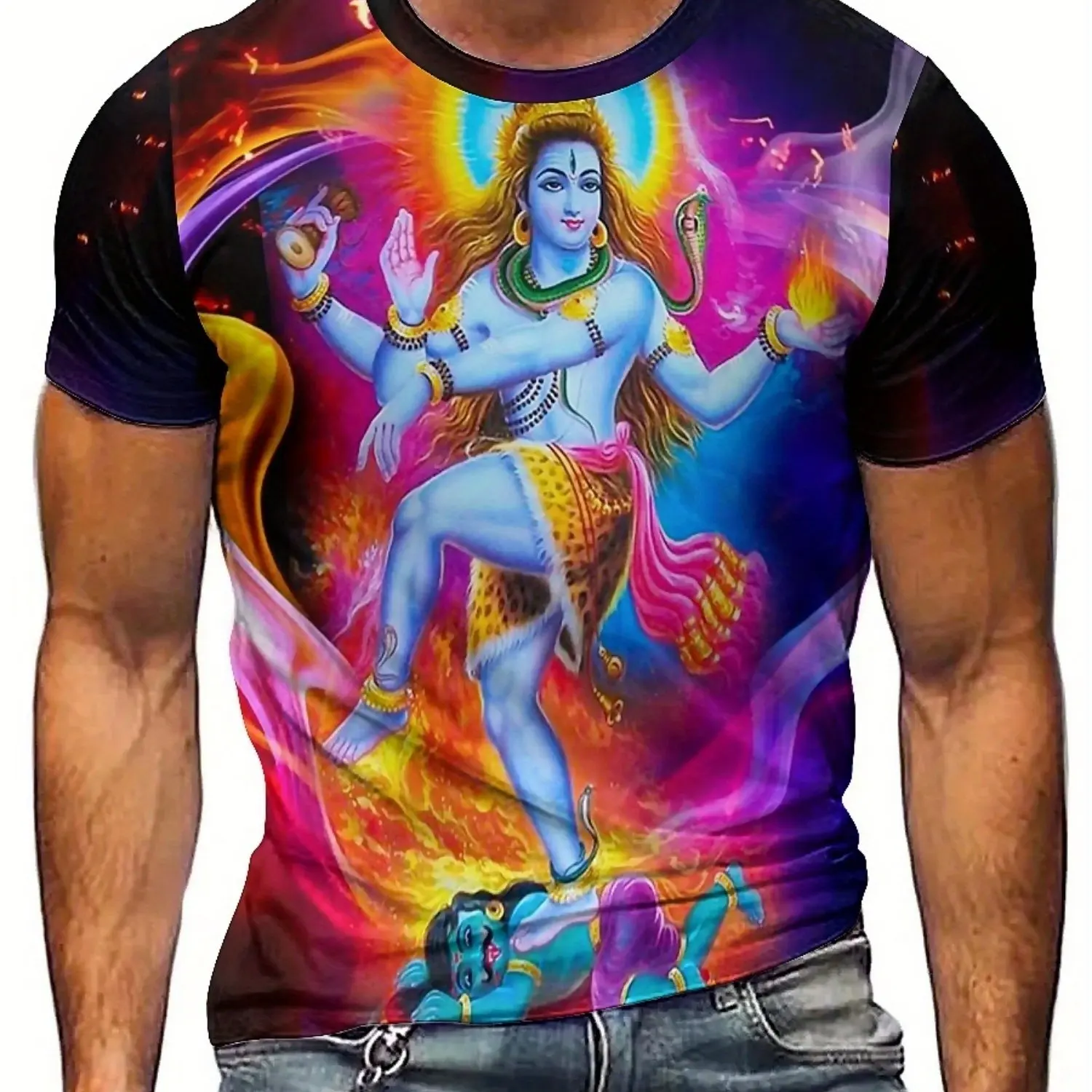 เสื้อยืดกราฟิกเทพเจ้าฮินดูที่มีชีวิตชีวาสำหรับผู้ชาย - โพลีเอสเตอร์เนื้อนุ่ม แขนสั้น คอกลม ใส่สบายและลำลอง