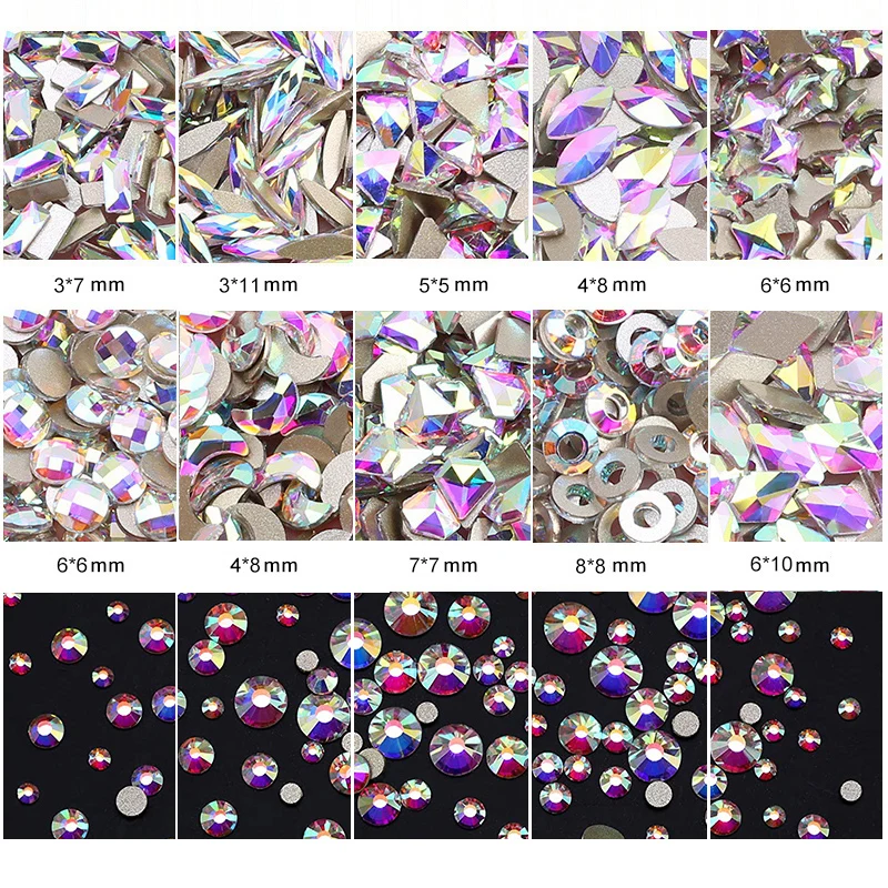 100PCS White Crystal AB Series 3D Glitter Nail Art Rhinestones Decorations Non HotFix FlatBack Diamond Gems Mix Size SS3-SS20