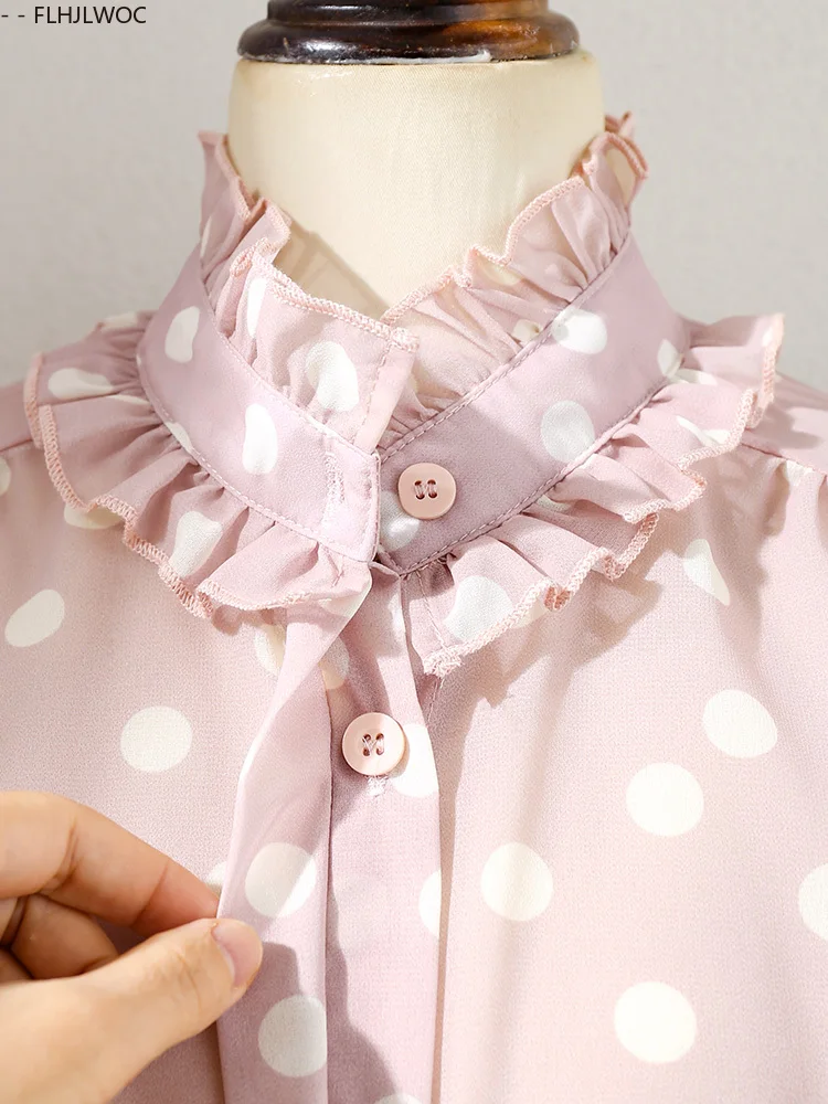Design français Dot hauts Blouses nouveau Design 2025 Y2K femmes à manches longues ample décontracté volants Blouses bureau dame bases chemises roses