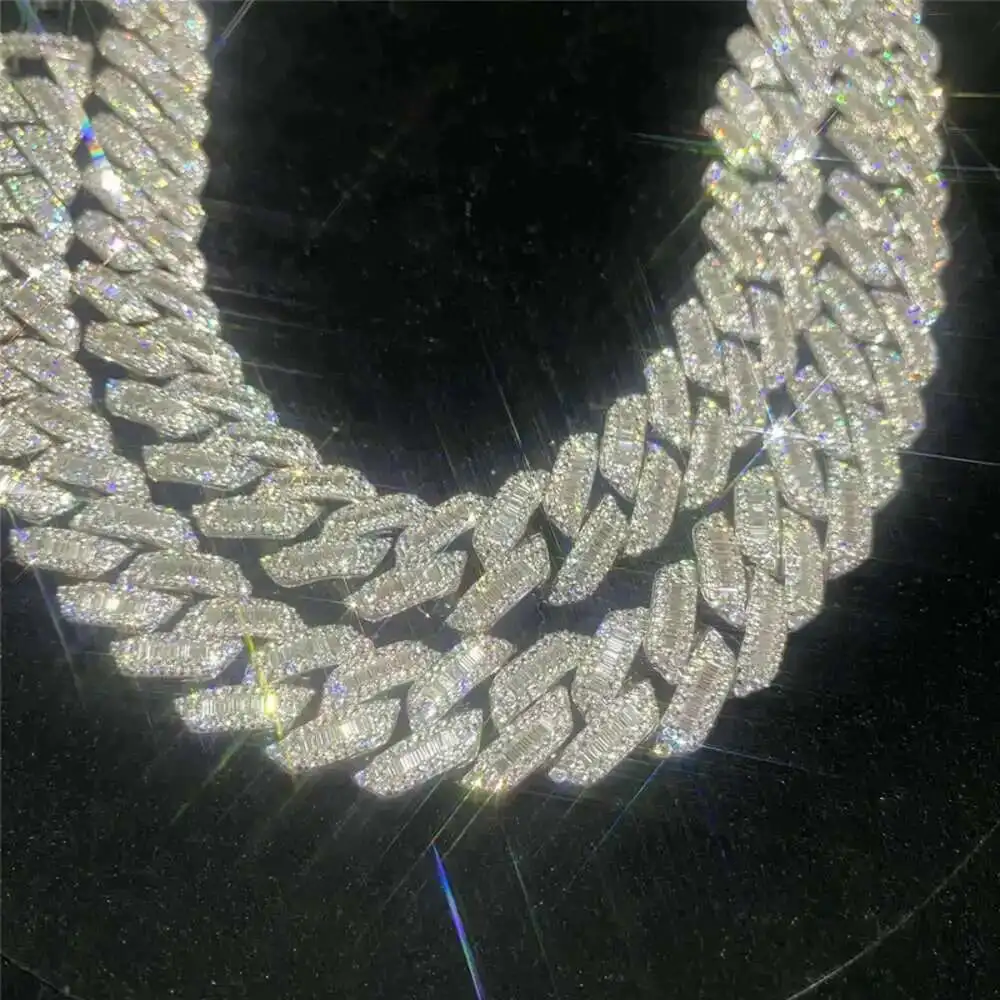 

925 Sterling Silver Miami Cuban Link Chain Fashion Hip Hop Jewelry Diamond Clasp Iced Vvs Moissanite Baguette Cuban Link Chain