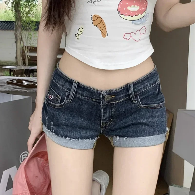 

2024 Новые летние женские модные джинсовые шорты Y2K, женские сексуальные шорты с низкой талией, женские корейские темно-синие джинсы с запахом бедер