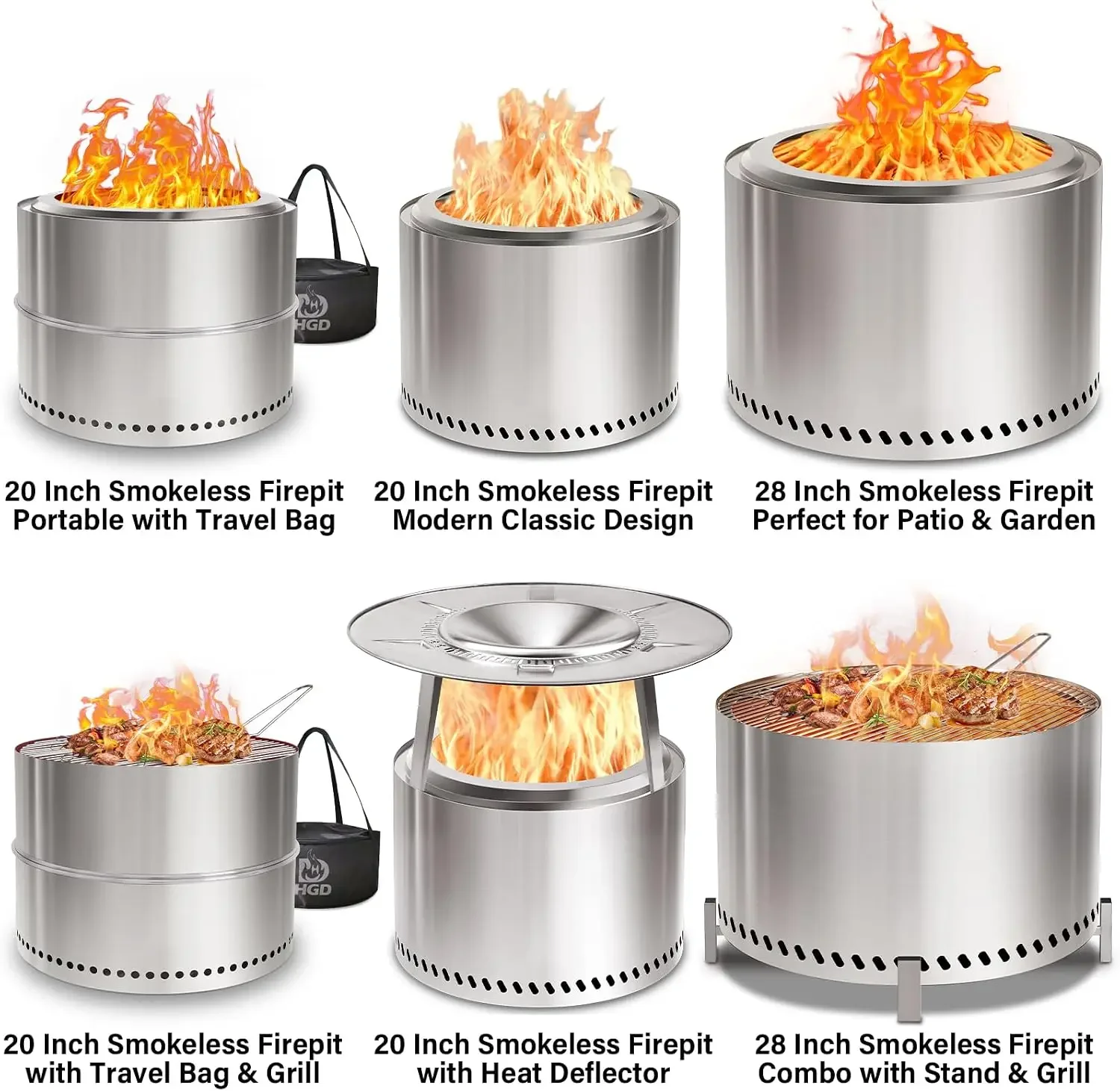 Smokeless Fire Pit for Outdoor Use, Double Wall Stainless Steel Design with Vent Holes, Removable Ash Pan & Carry Bag for Camping, Patio, Backyard