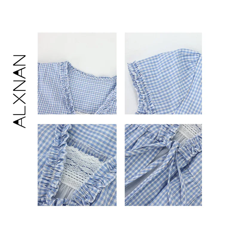 ALXNAN Blue Plaid Fake Two Piece Shirt 2026 Ruffle Trim V-neck Tie Detail Design Shirts Elegant Casual Ladies Clothing DYL662887 view 5