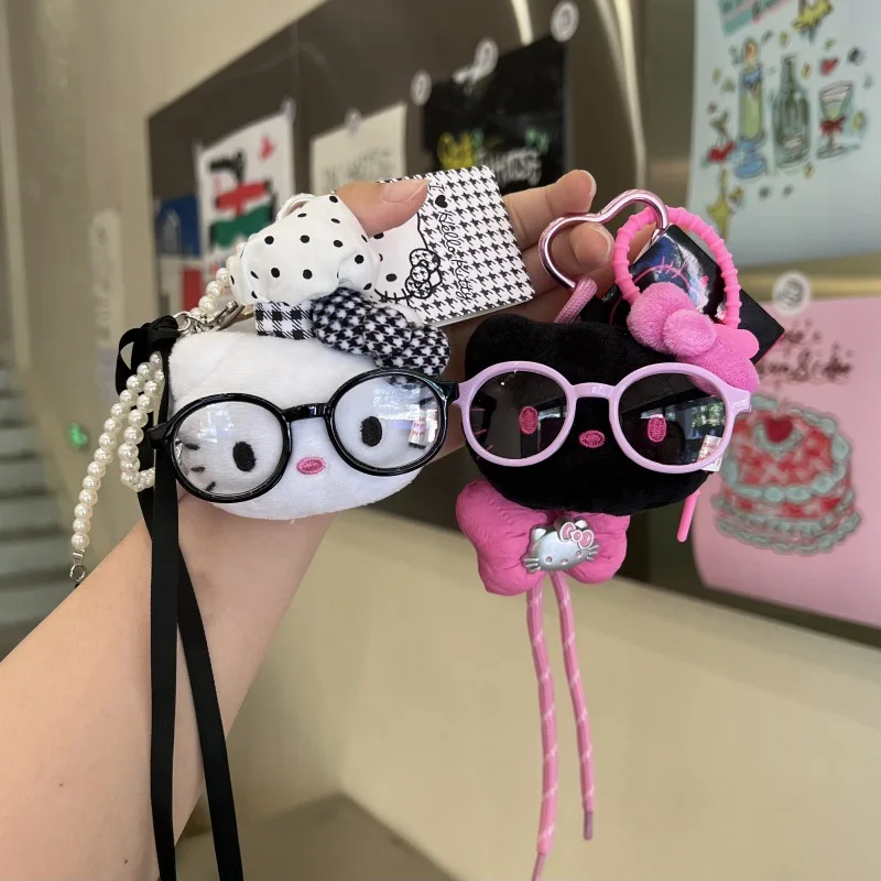 

Cute Cartoon Kawaii Big Head Wearing Glasses Hello Kitty Plush Doll Keychain Bag Pendant Toy Gift