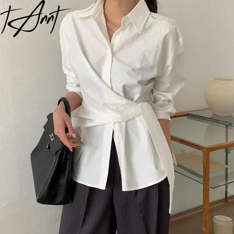 

Tannt Women Shirt Irregular Long Sleeves Bandage Shirt Blouse Asymmetric Fashion Vintage White Women Blouse Top 2025 New