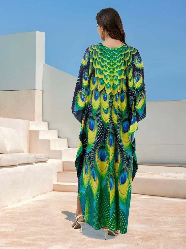 Green Peacock Printed Boho Sexy V Neck Long Sleeve Side Slit Kaftan Dress For Women 2024 Summer Beach Wear Moo Moo Dresses Q1588