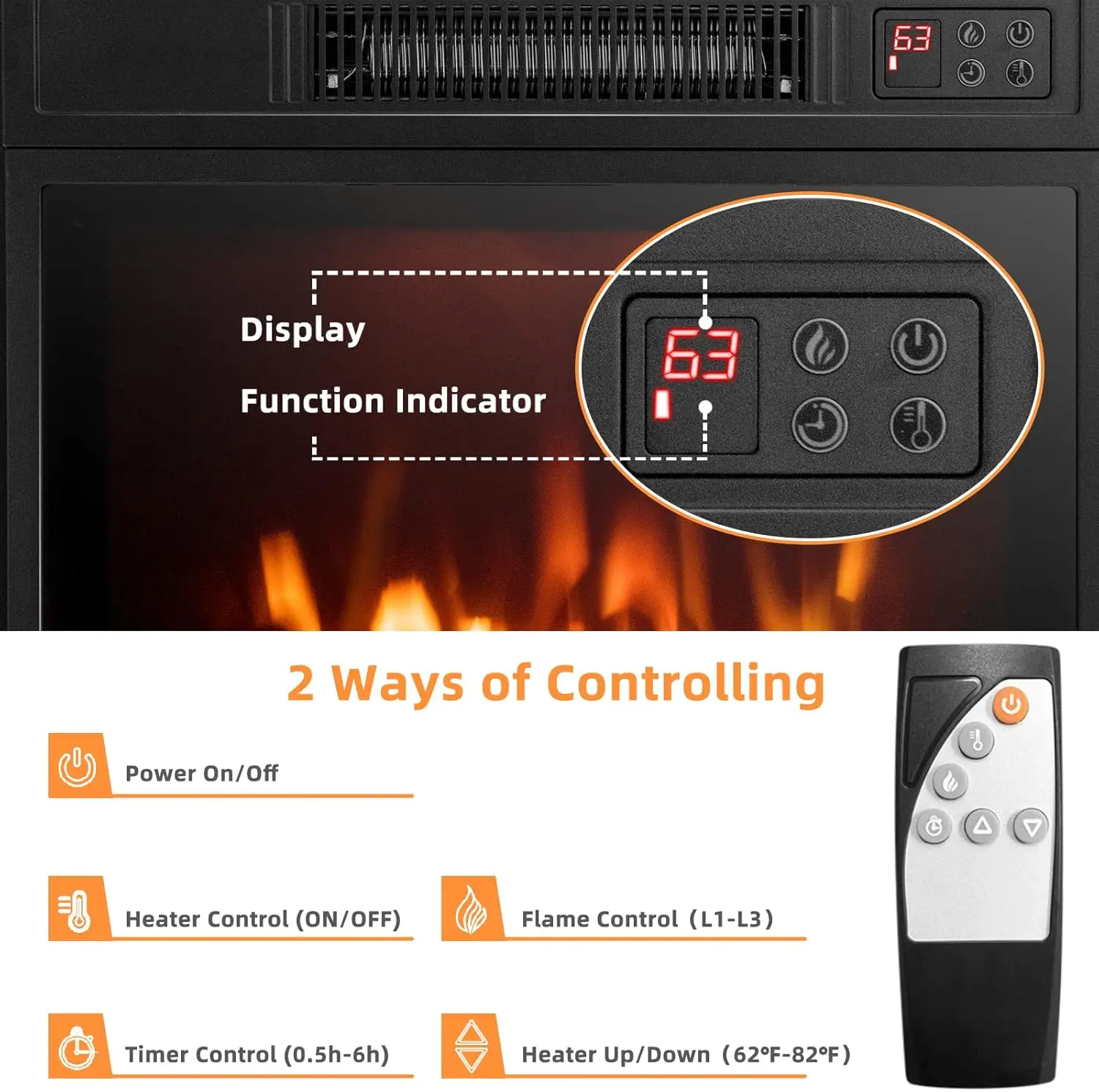 전기 벽난로 인서트, 화염 및 열 조절 가능, 타이머 및 온도조절기 내장, 컨트롤패널 및 리모컨