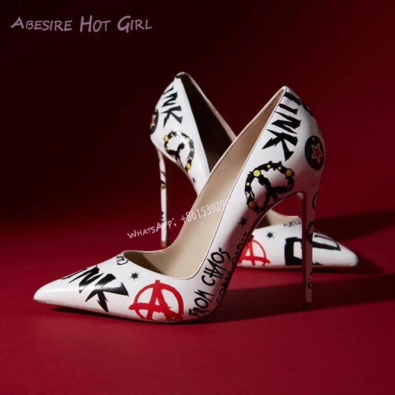 

Letters Black Graffiti Pump Girl Spring White Leather Heels Red Totem Sexy Stiletto Sandals Dress Versatile Pointed Shallow Shoe