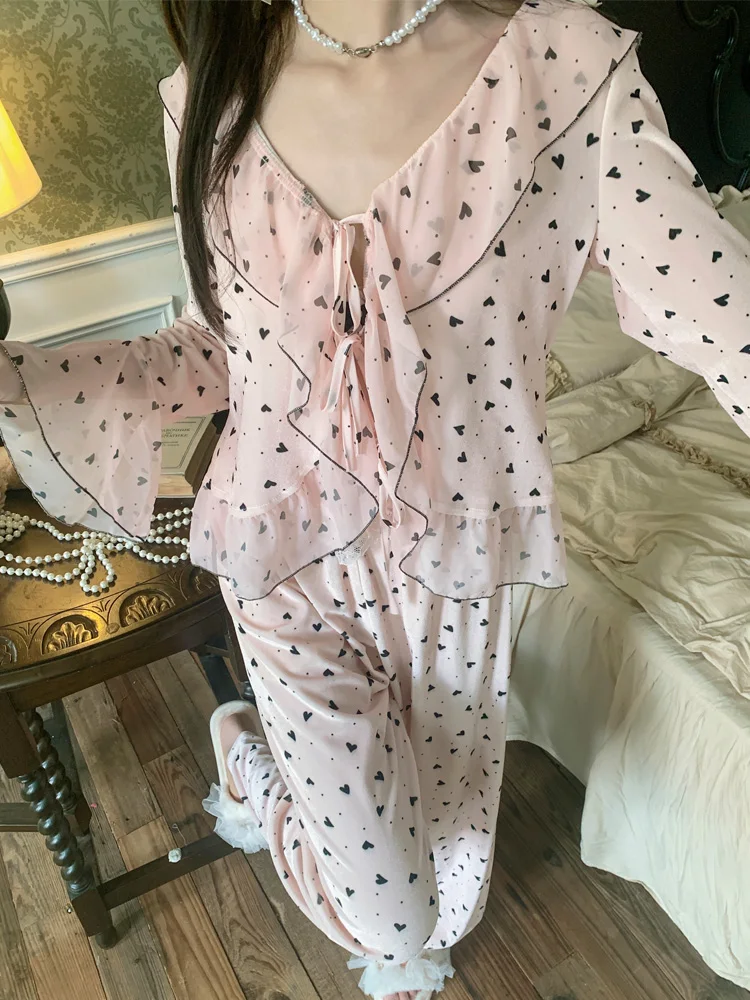 Velvet Pink Pajamas Three Piece Set with Chest Pads Sexy Lace Patchwork Camisole Long Sleeve Cardigan Heart Print Autumn