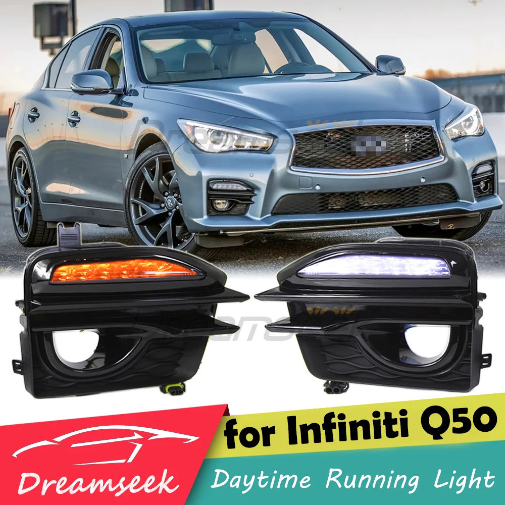 LED DRL Daytime Running Lights for Infiniti Q50 Sport 2014 2015 2016 2017 Fog Lamp w/ Dynamic Sequential Turn Signal Smoke Lens